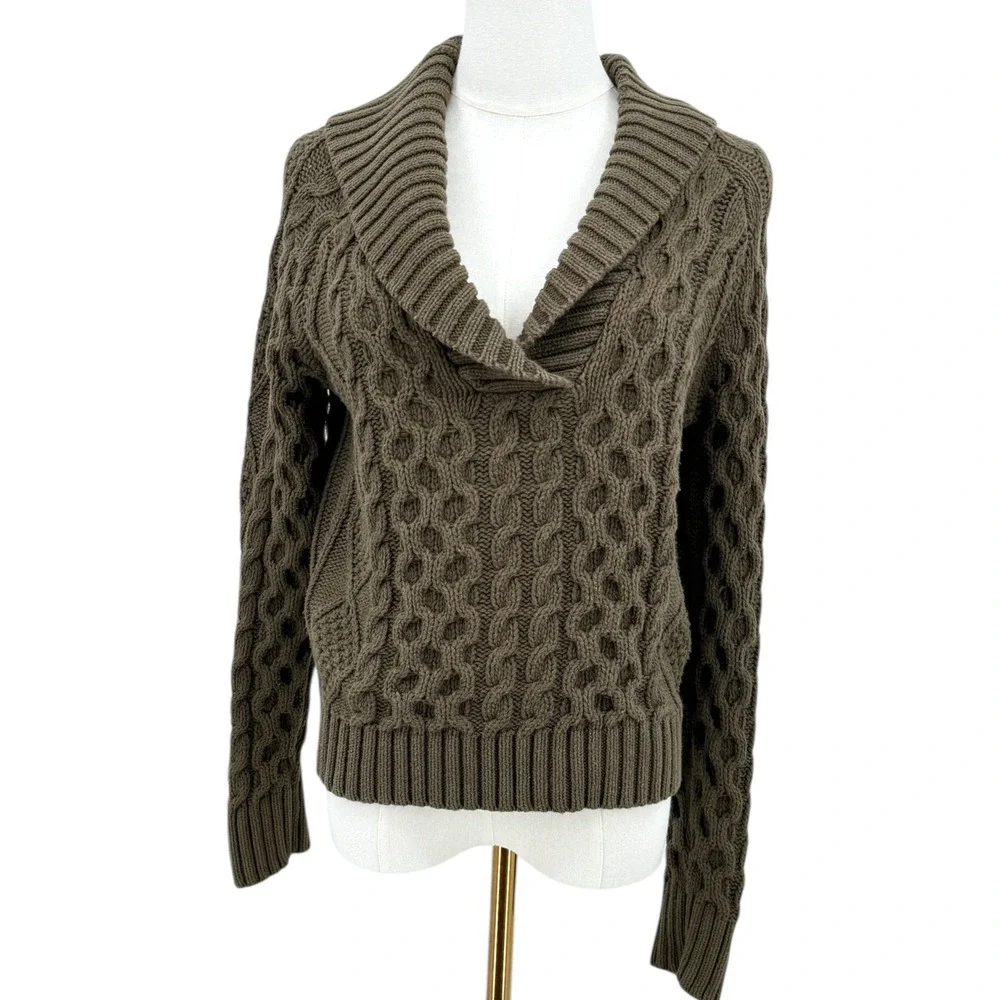 Denim & Supply‎ Womens Sweater Cropped Cable Knit Shawl Collar Olive Green Med